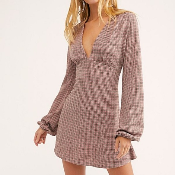 Free People Dresses & Skirts - FREE PEOPLE Selin Checkered Mini Dress Deep V-Neck
